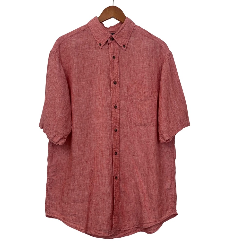 Roundtree & Yorke Men's M Red 100% Linen Short Sleeve Button Down Shirt Classic